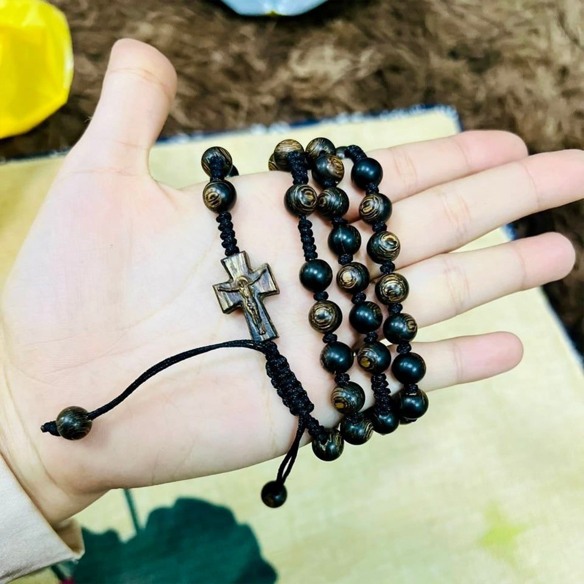 Agarwood Rosary Bracelet with Drawstring, Wooden prayer beads, Catholic bracelet Gift